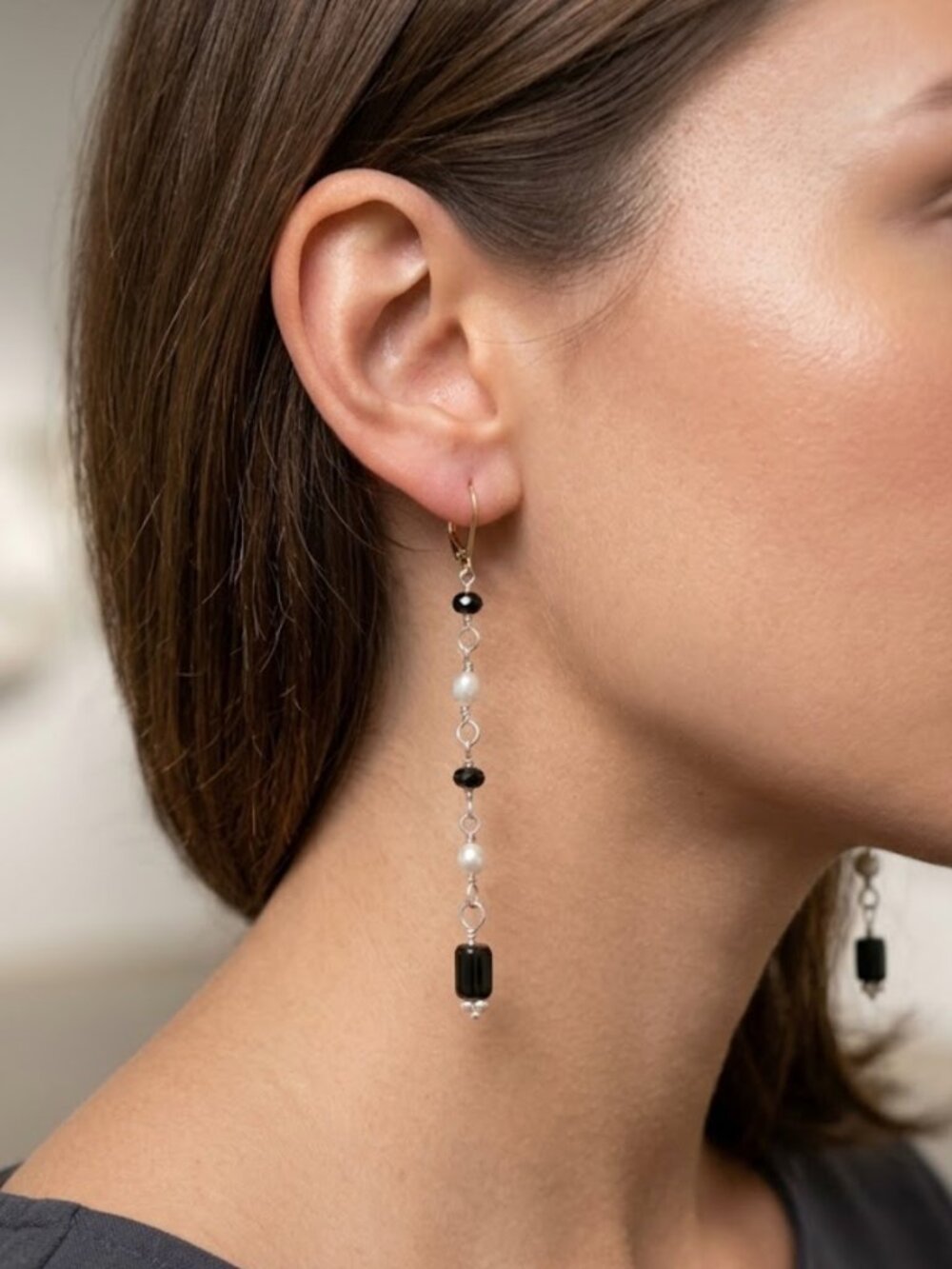 Delicate Drop Earrings Sterling Silver Freshwater Pearls & Onyx OOAK. NWT
